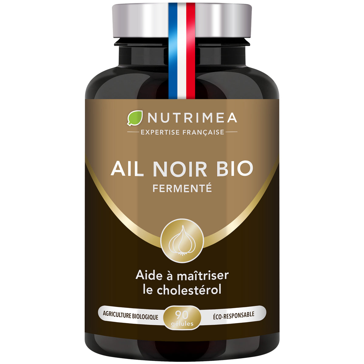 Fond blanc du pilulier de Ail Noir BIO fermenté