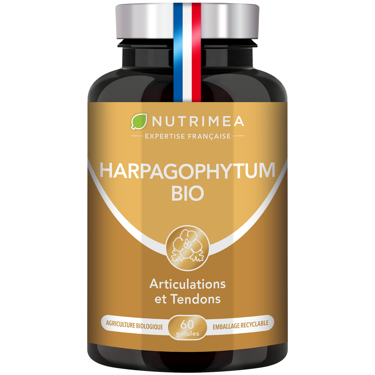 Fond blanc du pilulier de Harpagophytum Bio
