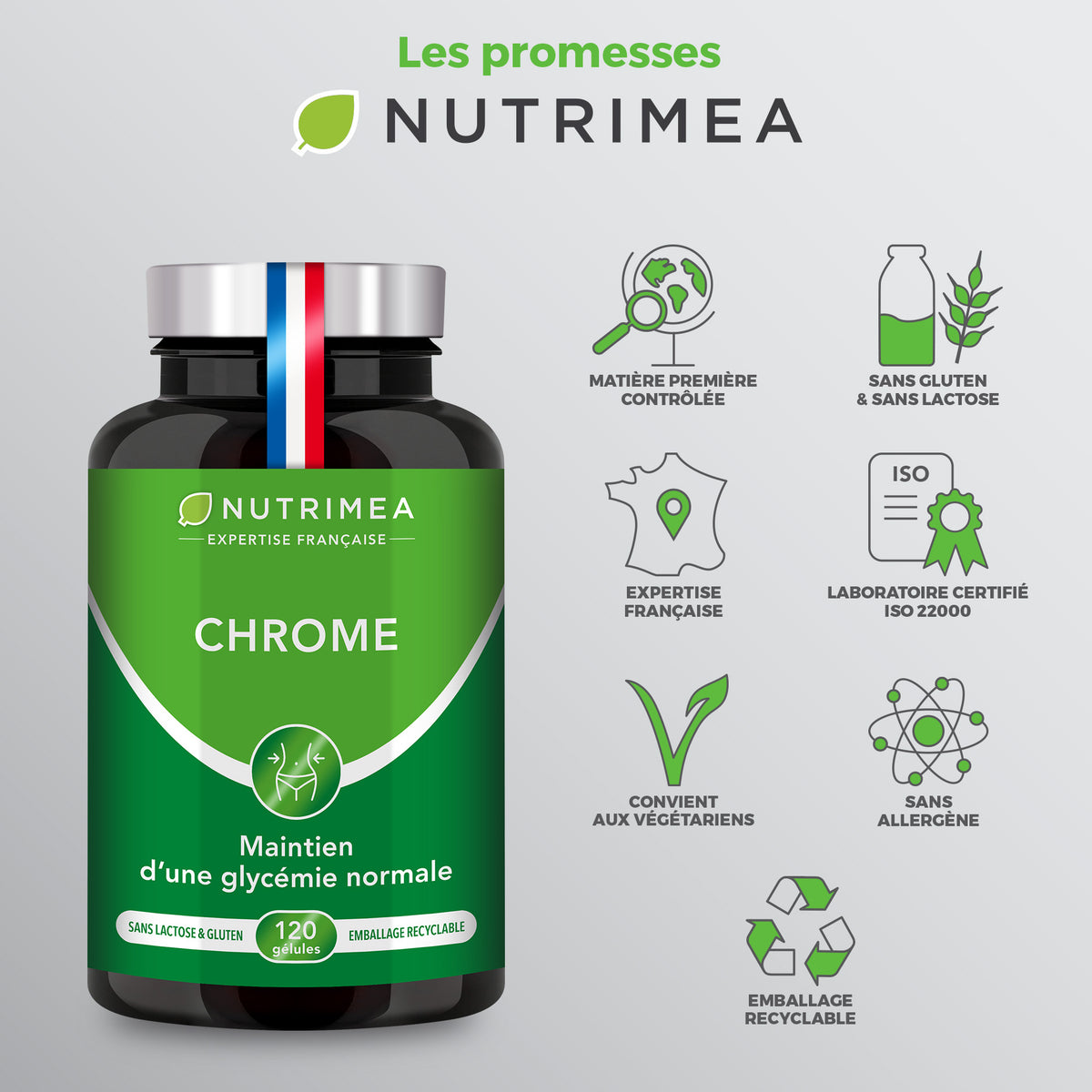 Infographie des bienfaits du complément alimentaire Chrome de Nutrimea