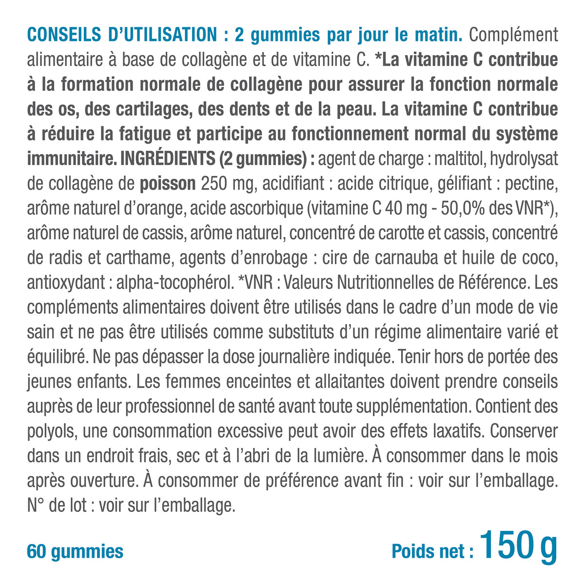 Etiquette et posologie du complément alimentaire en Gummies à base de Collagène et de vitamine C