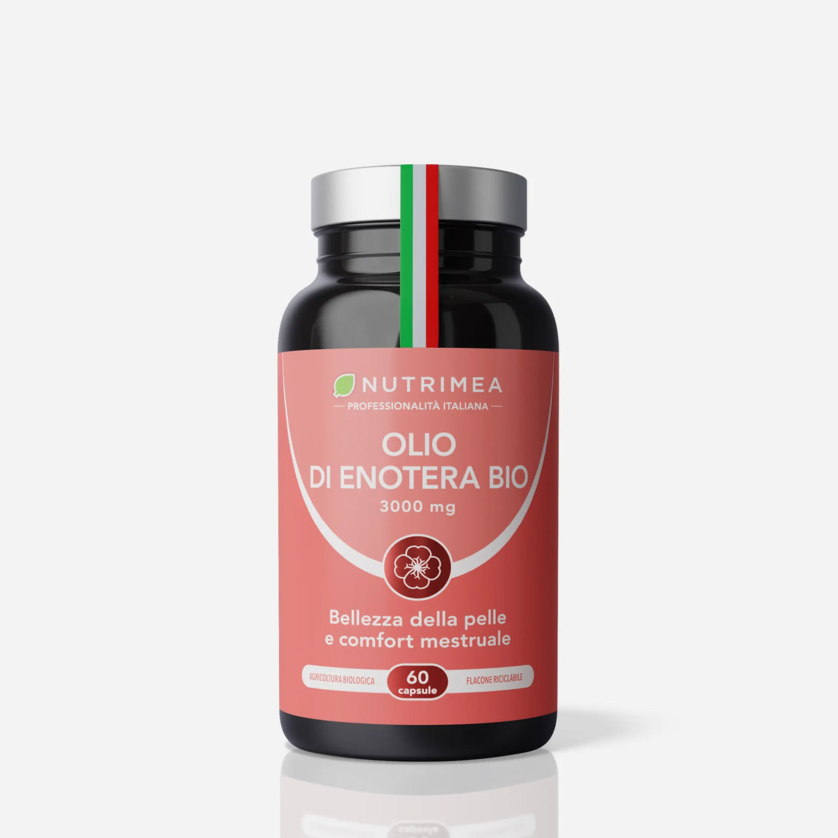 Olio di Enotera Bio Nutrimea: confezione da 120 capsule molli per la salute della pelle e il comfort mestruale.